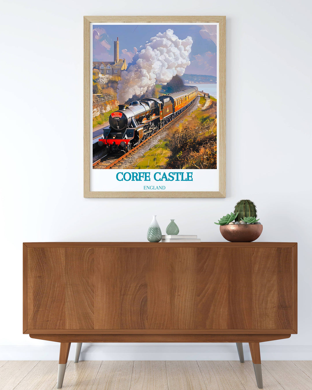 Stunning Swanage Railway print showcasing the iconic railway line against a backdrop of lush greenery ideal for UK wall decor