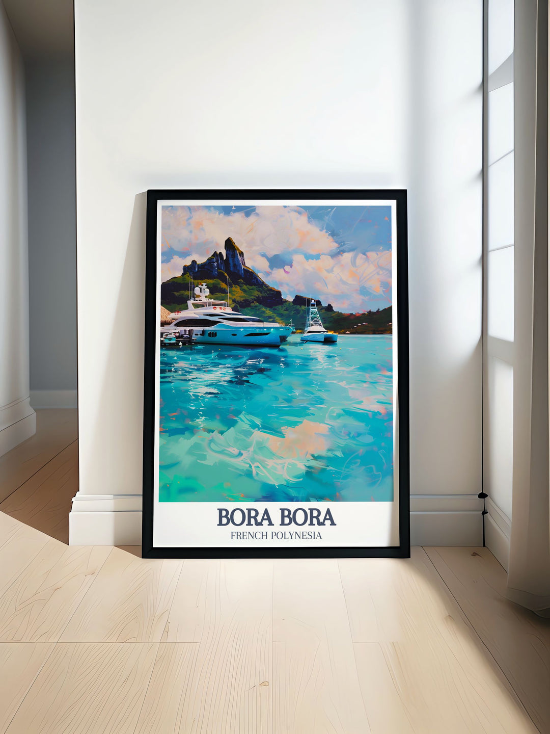 Mount Otemanu Bora Bora Yacht Club travel poster showcasing the stunning beauty of French Polynesia with its majestic mountain and vibrant yacht club perfect for art and collectibles enthusiasts and ideal for adding a touch of elegance and serenity to any home decor.
