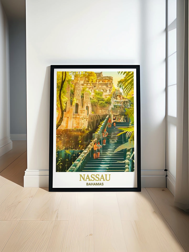 Nassau Travel Print of the Queens Staircase, a historic site that tells the story of Nassaus past. This poster art captures the lush surroundings and intricate details of the staircase, creating a serene and meaningful focal point for your home.