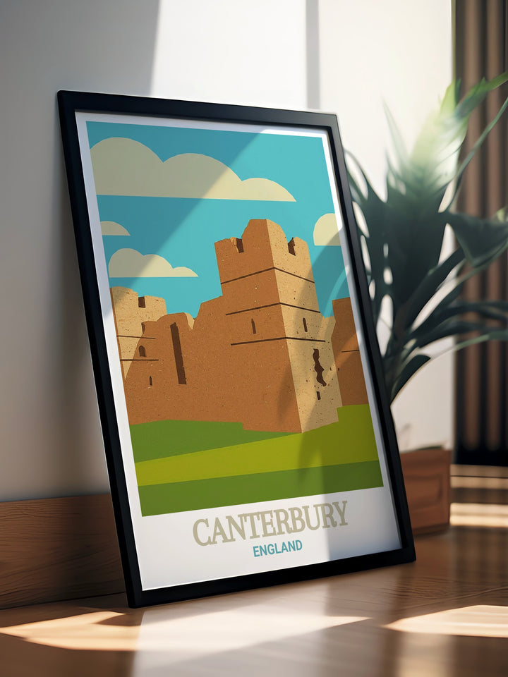 A framed art print of Canterbury, focusing on the grandeur of Canterbury Castle and the rich history of this ancient city. This vintage poster is perfect for adding a touch of British heritage to your home decor.