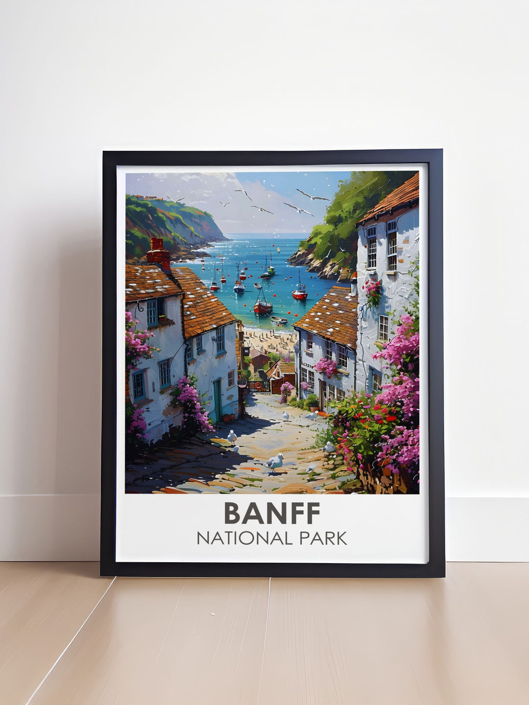 Home decor print of Banff Townsite juxtaposed with the towering Cascade Mountain, capturing the unique blend of urban charm and natural splendor that defines the heart of the Canadian Rockies, perfect for lovers of urban and mountain landscapes.