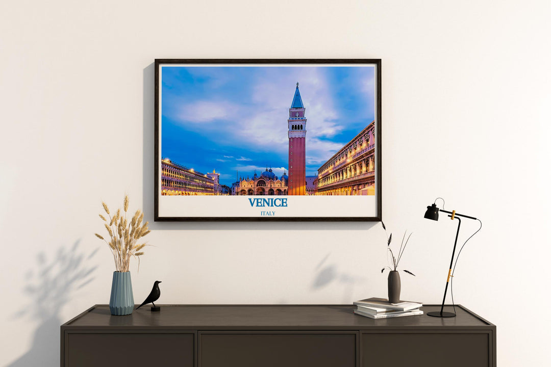 Venice Beach Print featuring a detailed beach illustration alongside St Marks Square artwork perfect for anyone looking to combine the vibrancy of California Wall Art with the elegance of Italian architecture in their home decor.