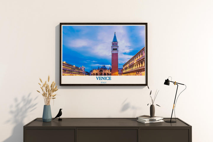 Venice Beach Print featuring a detailed beach illustration alongside St Marks Square artwork perfect for anyone looking to combine the vibrancy of California Wall Art with the elegance of Italian architecture in their home decor.