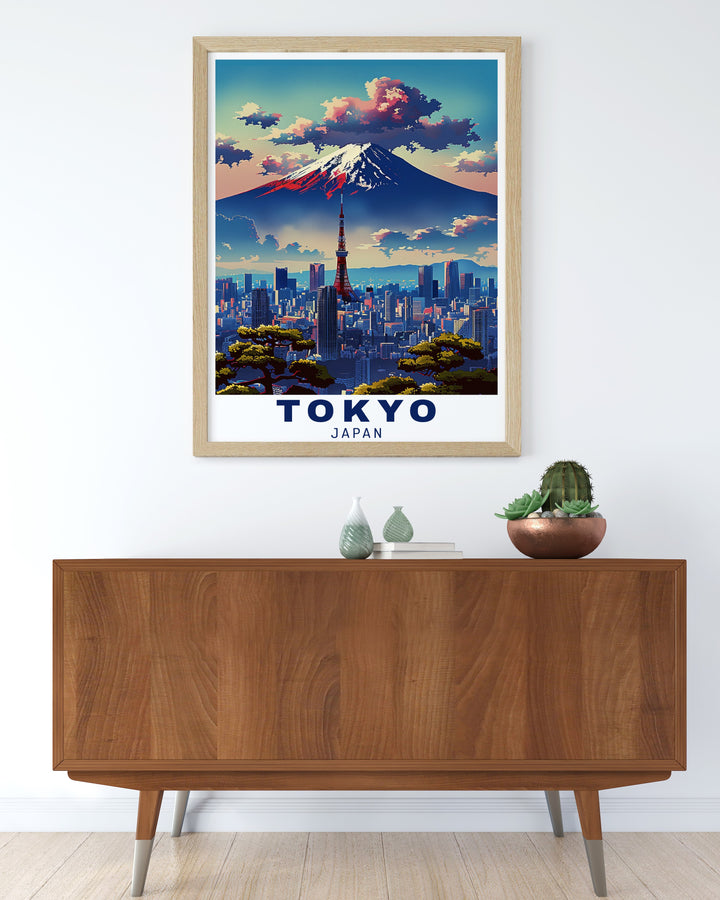 This Tokyo and Mount Fuji poster combines the energy of Japans capital city with the serene beauty of its most famous peak. The snow capped Mount Fuji and blooming cherry blossoms create a perfect contrast to Tokyos modern skyline, making it a must have for travel enthusiasts.