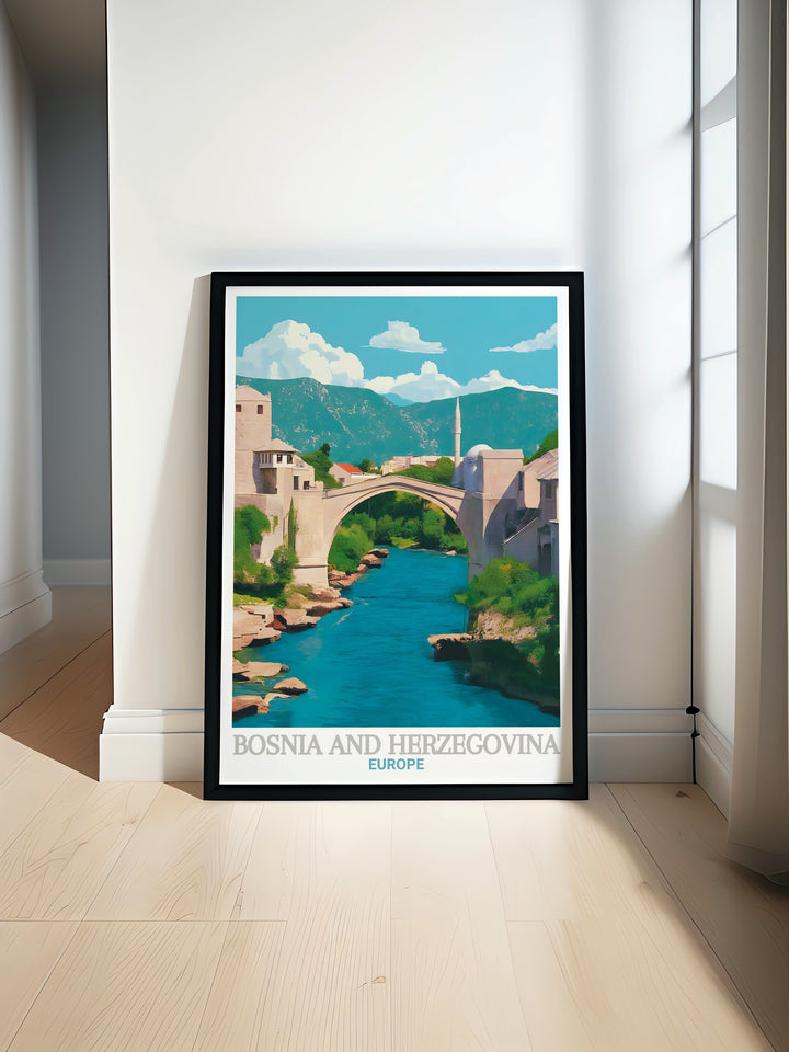 Bosnia and Herzegovina wall art features the stunning Stari Most, a symbol of resilience and unity in Mostar. This travel poster makes a meaningful gift for lovers of history and architecture, capturing the beauty of one of Europes most renowned landmarks.