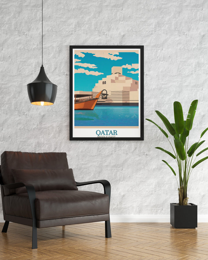 Qatars Museum of Islamic Art as featured in this travel print. The art piece brings to life the museums elegant design, capturing its arches, geometric patterns, and waterfront location, perfect for home or office decor.