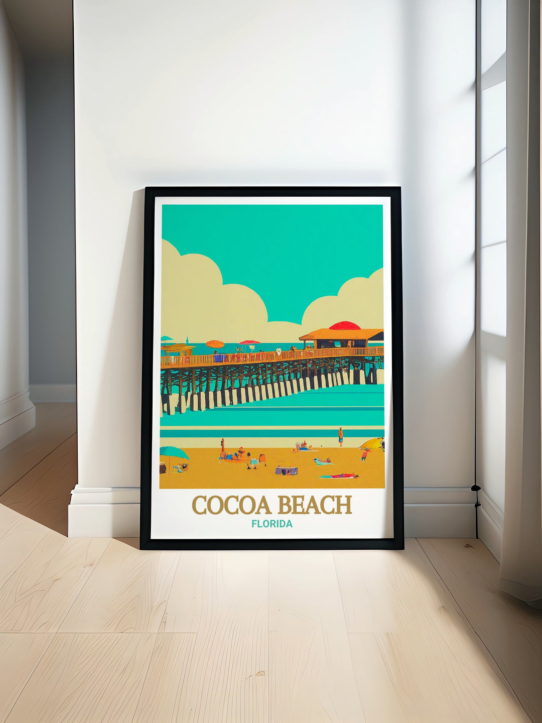 A detailed art print showcasing the iconic Cocoa Beach Pier in Florida, capturing the sun soaked shores and vibrant surf culture that define this beloved coastal town. Perfect for adding a touch of Floridas coastal charm to any home decor.