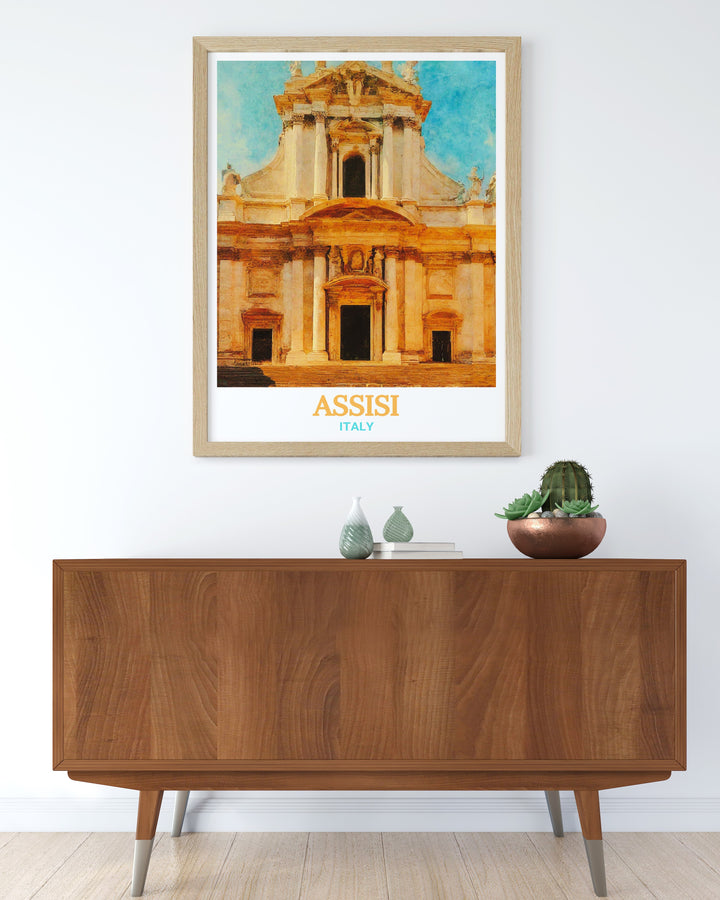 Captivating Italy wall print of Assisis Basilica of Saint Francis, highlighting the intricate frescoes and spiritual atmosphere of this iconic Italian landmark. Perfect for home decor or as an Italy travel gift, this print brings the beauty of Assisi into any space