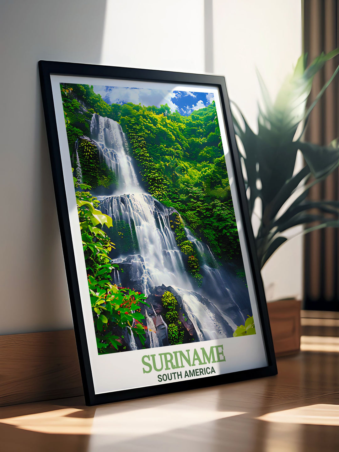 Suriname Poster featuring Paramaribo and Brownsberg Nature Park. High quality travel poster print perfect for enhancing your living space with a touch of Surinames charm and elegance.