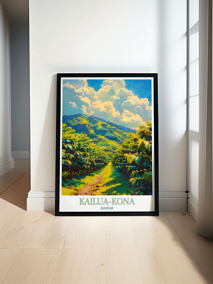 Poster of Kailua Kona, emphasizing its vibrant beaches, historical landmarks, and cultural heritage. The detailed illustration celebrates the scenic beauty and rich history of this Hawaiian town.