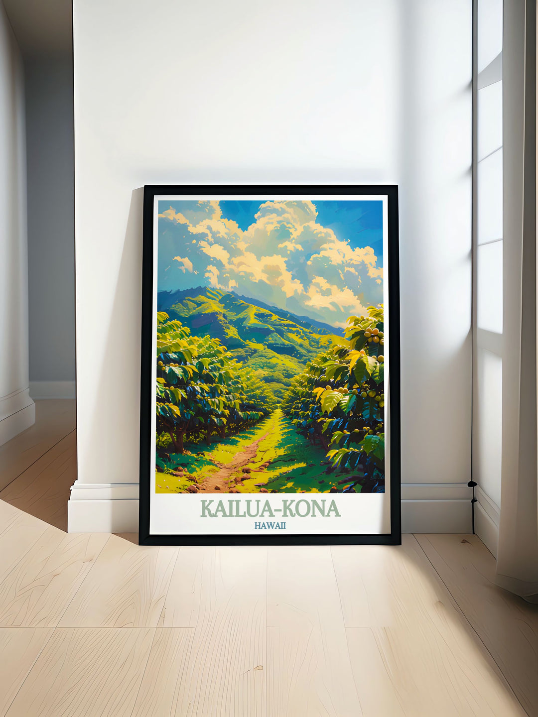 Bring the peaceful beauty of Hawaiis Kona Coffee Farms into your home with this Kailua Kona canvas art. Whether for your living room or office, this artwork adds a calming and inspiring touch to any décor.