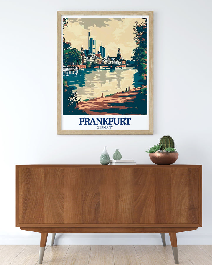 Frankfurts historic Eiserner Steg footbridge is captured in stunning detail in this travel print, with the River Main flowing gently beneath. The artwork highlights the intricate iron structure of the bridge and the calm, reflective waters, offering a beautiful representation of Frankfurts blend of history and modernity. Perfect for adding a touch of urban sophistication to any home or office.