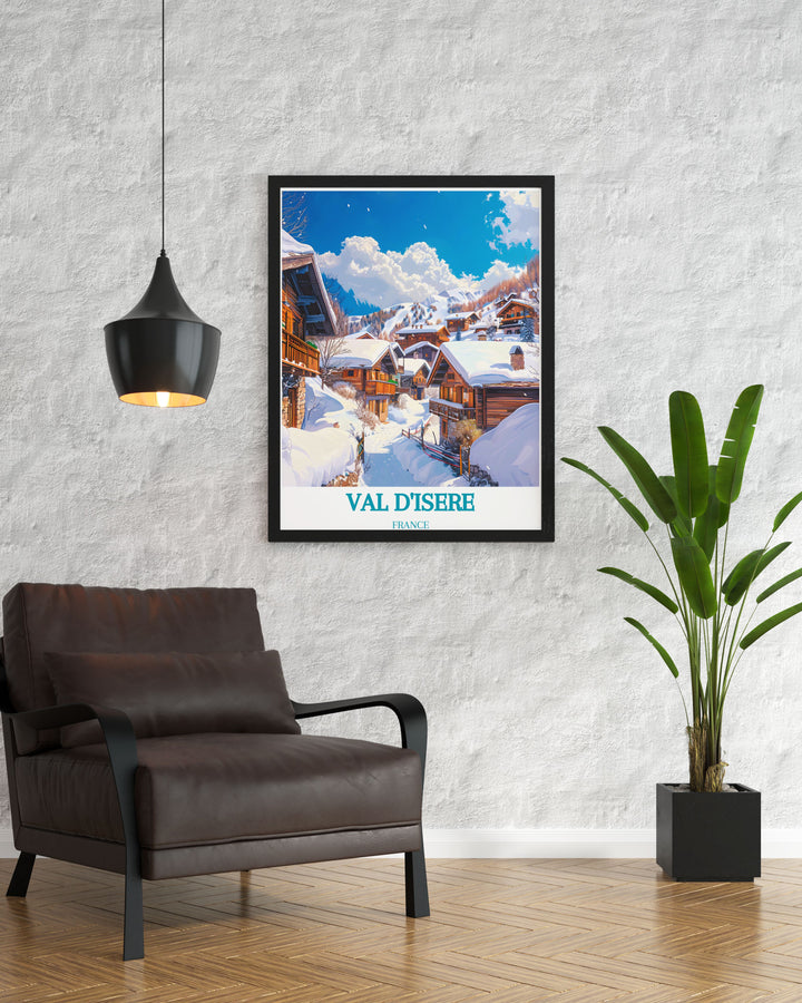Explore the vibrant cultural scene of Val dIsere with this detailed art print, featuring the bustling streets of its Old Town.