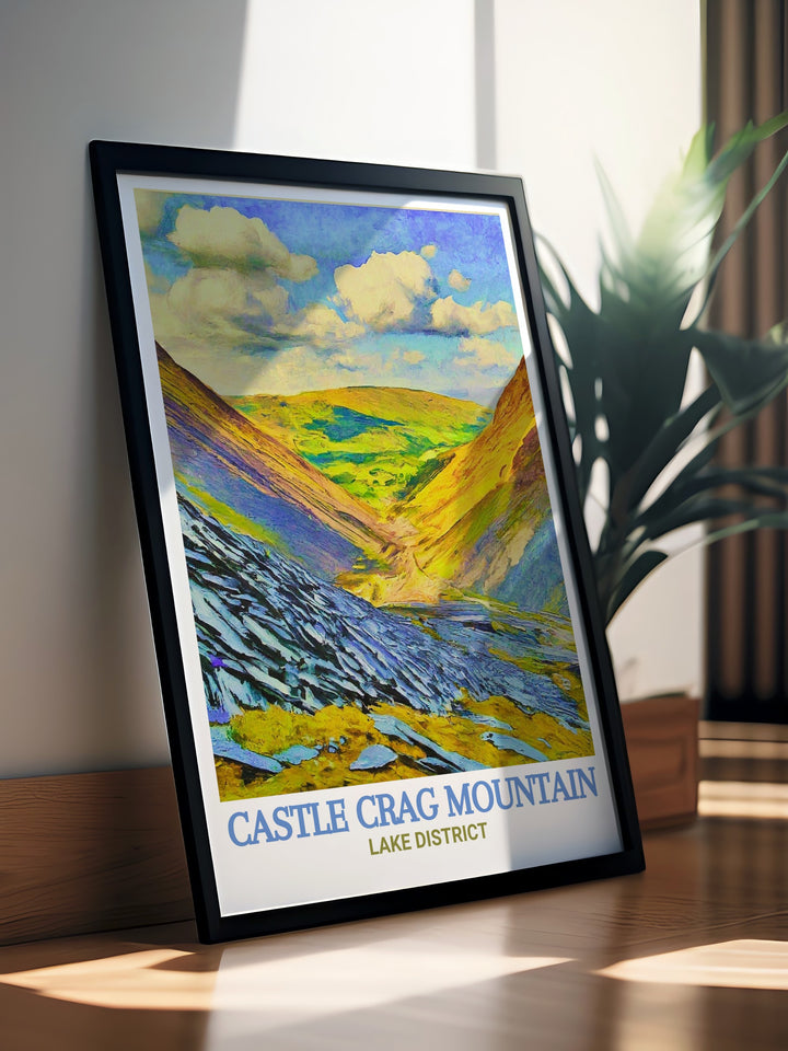 Honister Slate Mine travel print showcases the timeless beauty of Cumbrias industrial heritage, set against the stunning landscape of Castle Crag Mountain and Keswick.