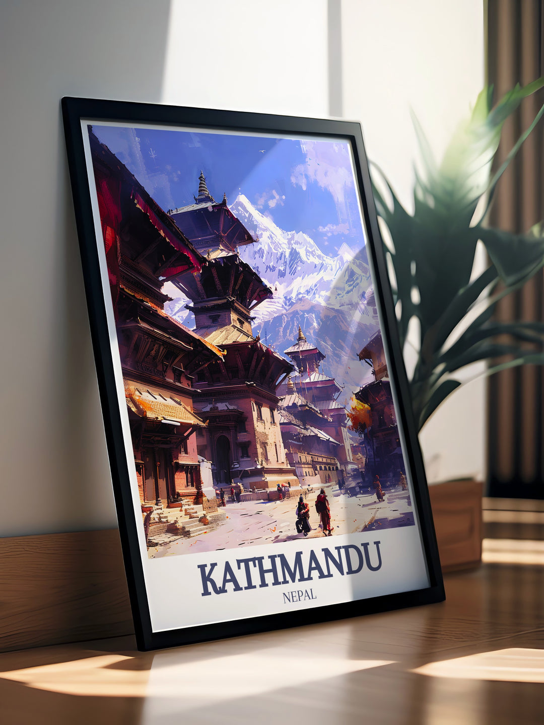 Capture the spirit of Nepal with this Kathmandu travel poster, depicting the grandeur of Mount Everest alongside the historical beauty of Durbar Square. A must have for any travel enthusiast or art lover.