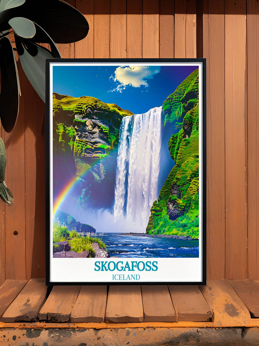 Journey through Icelands breathtaking landscapes with this art print of Skogafoss, capturing the waterfalls power and the enchanting rainbow it creates.