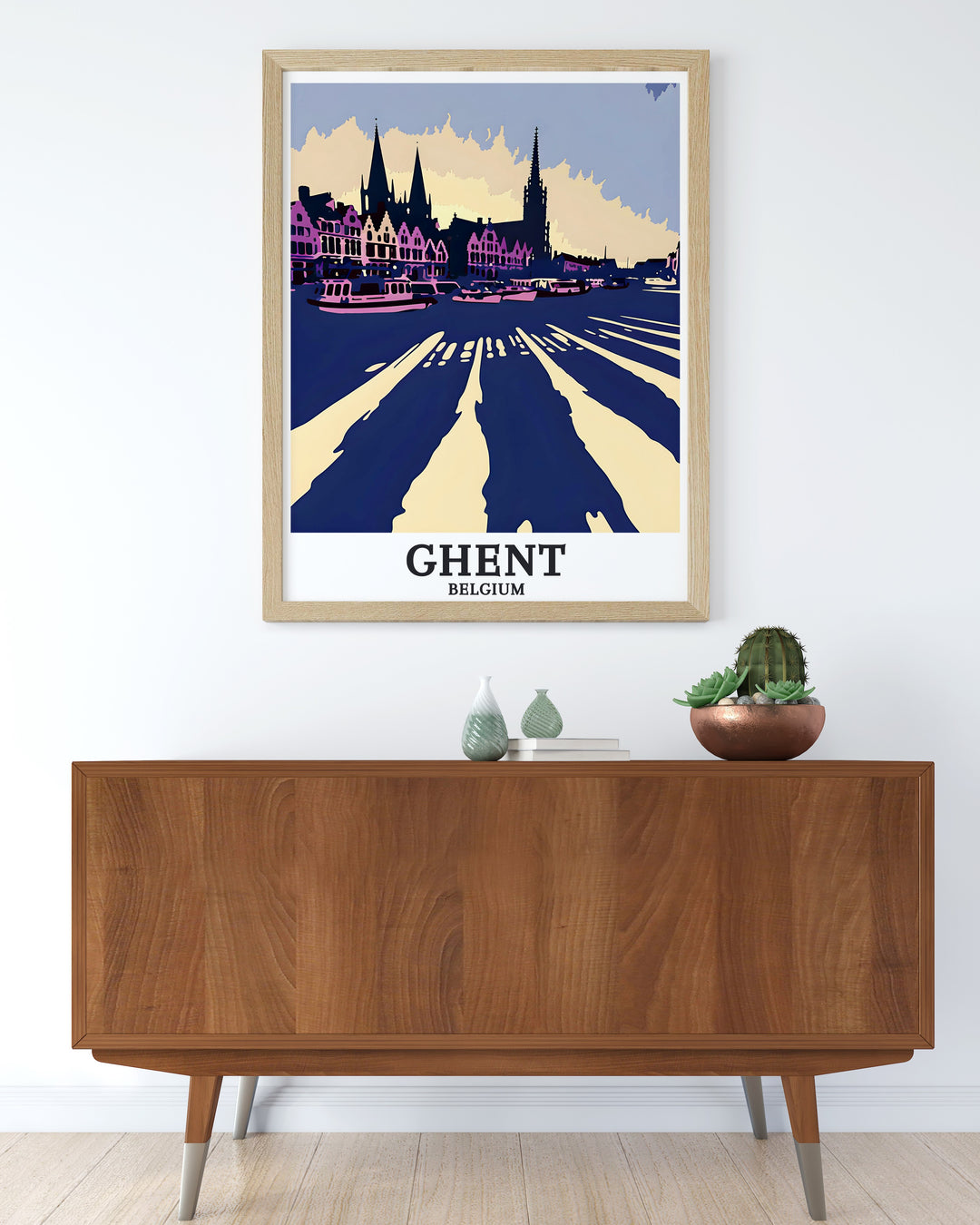 Elegant Belgium artwork of Graslei harbor Cloth Hall Lakenhalle creates perfect wall decor for a stylish and cultured home