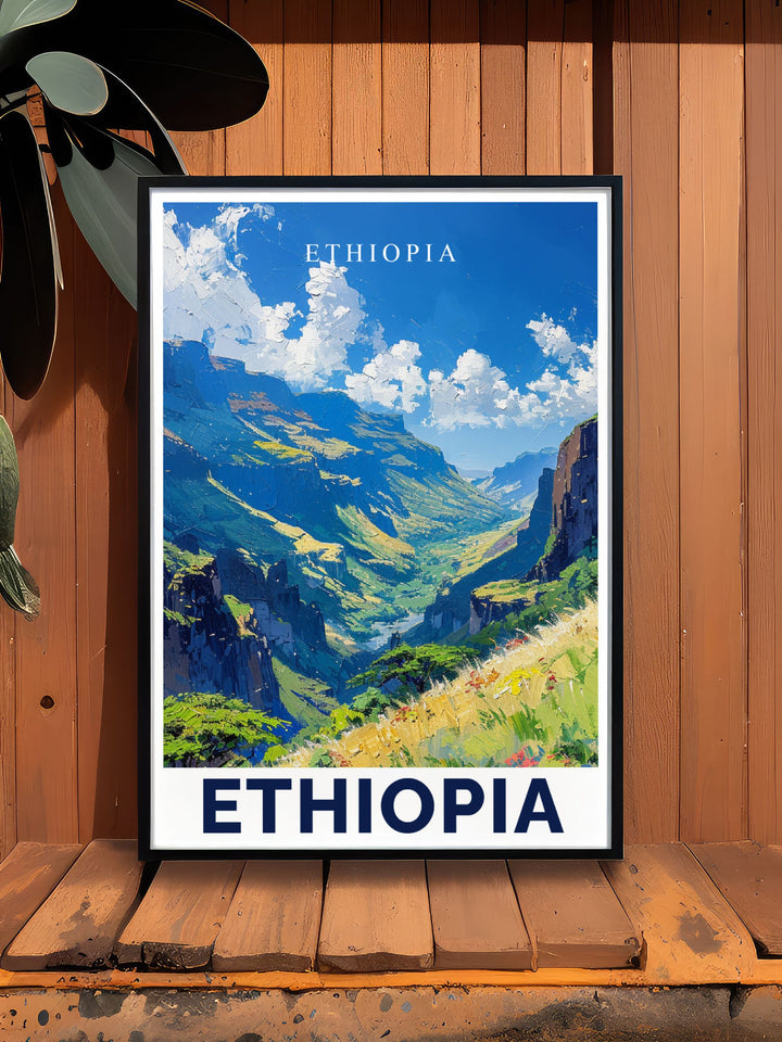 Simien Mountains Travel Poster capturing Ethiopias spectacular mountain landscape an excellent choice for unique home decor and thoughtful gifts for special occasions such as anniversaries birthdays and holidays
