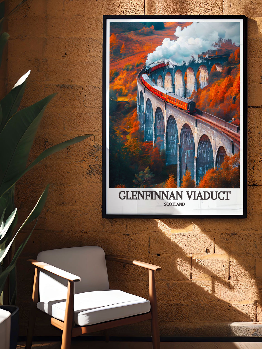Vintage travel poster of the Glenfinnan Viaduct, featuring the iconic railway bridge and the lush landscapes of the Scottish Highlands, perfect for adding a nostalgic touch to your decor.