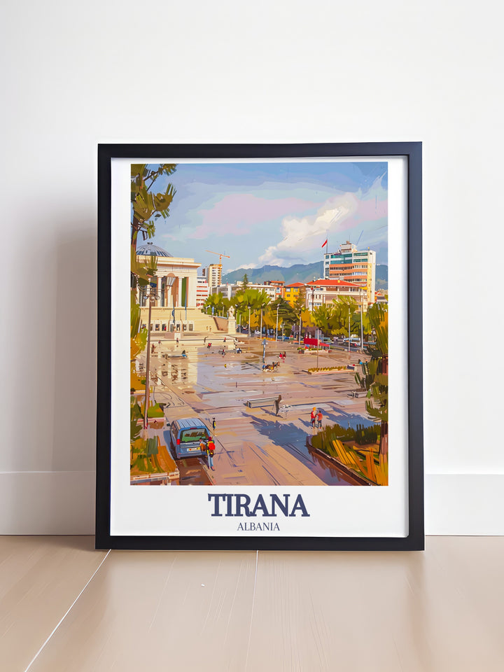 Beautiful Albania Painting of Skanderbeg Square, Dajti Mountain perfect for creating a sophisticated and inviting atmosphere in your living room bedroom or office an ideal piece of modern decor that reflects your love for travel and cultural heritage