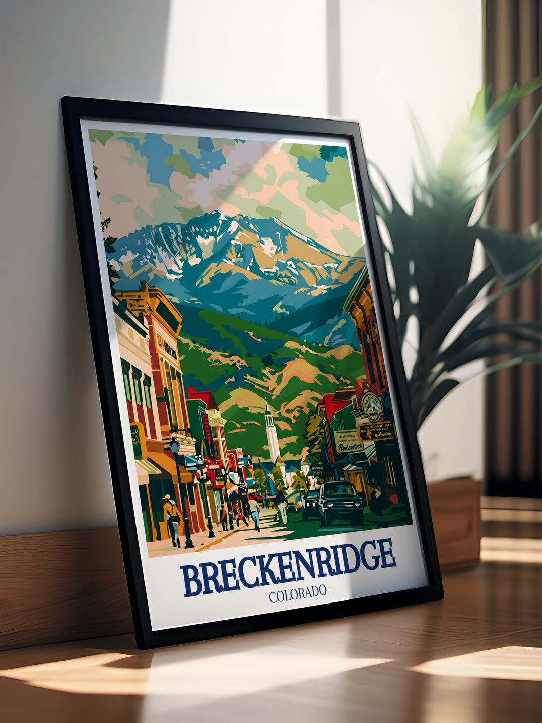 This Breckenridge poster print captures the picturesque charm of Main Street, lined with historic 19th century buildings and framed by the towering Rocky Mountains. Perfect for anyone who loves Colorados mountain towns, this travel print adds a touch of alpine beauty to any space.