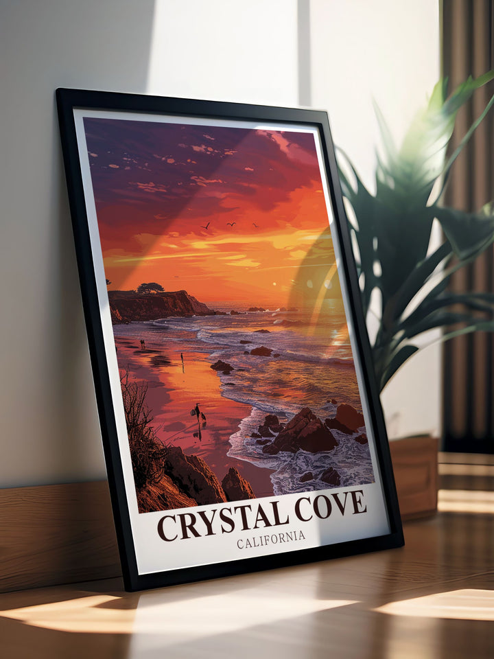 Add a touch of elegance to your home decor with Crystal Cove Beach wall art designed to bring the calming vibes of the California coast into your living space perfect for creating a peaceful and relaxing ambiance.