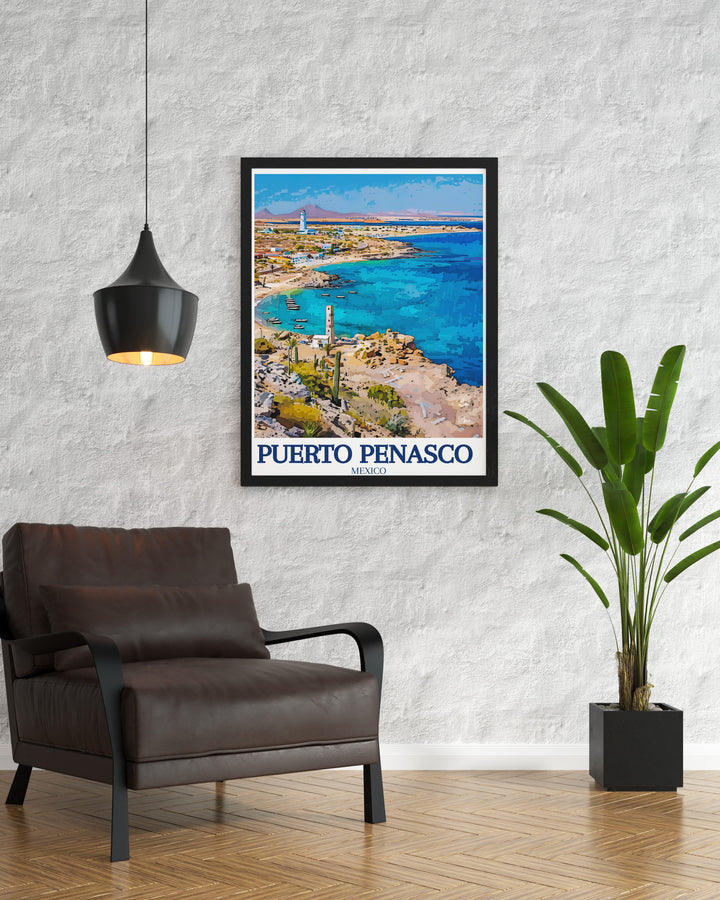 Elevate your home décor with this Puerto Peñasco art print, capturing the vibrant beauty of Cholla Bay and Rocky Bay. Whether as a personal keepsake or a travel gift, this print brings the serene atmosphere of Mexicos beaches into your home.