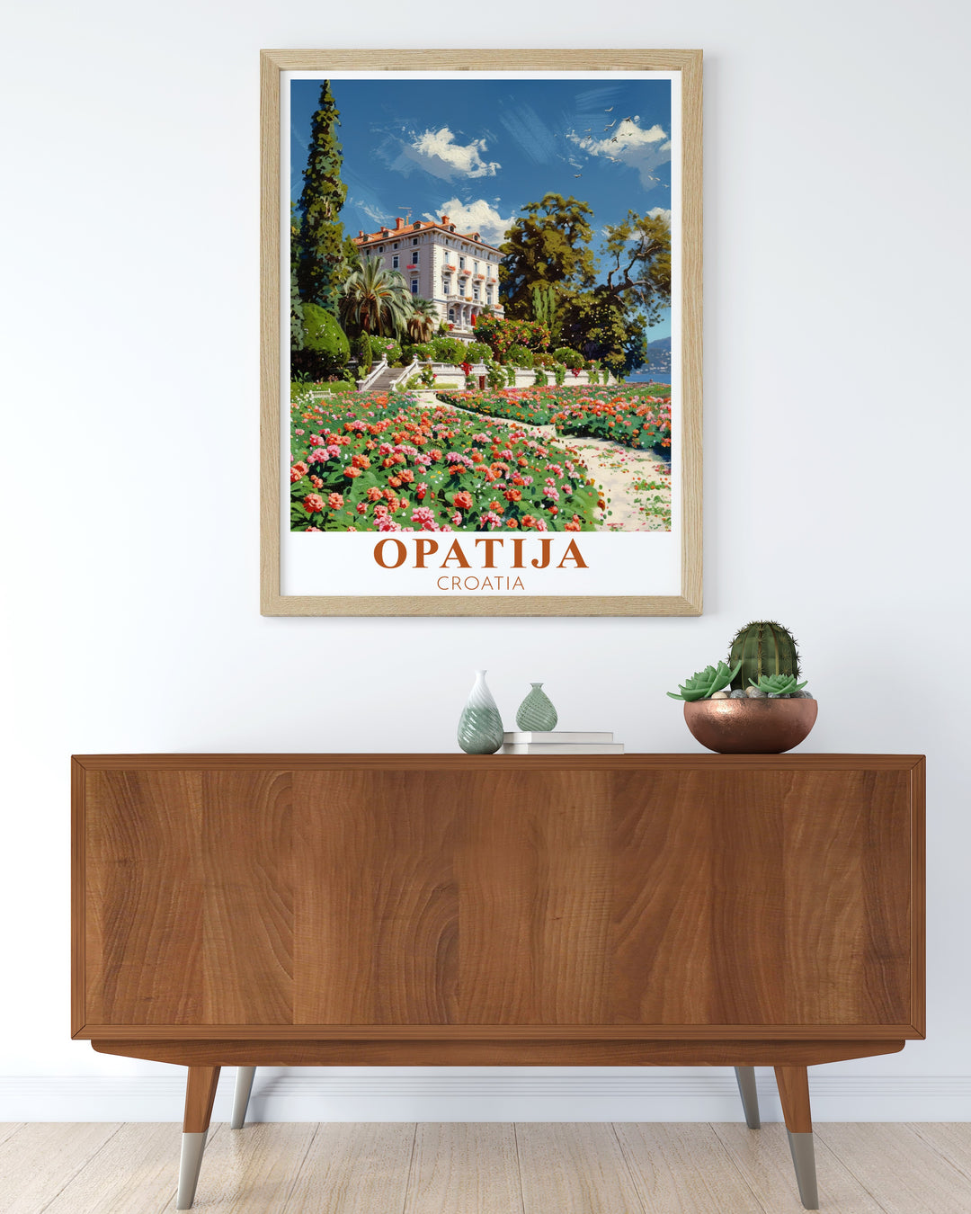 Experience the charm of Opatijas Villa Angiolina with this exquisite poster print a perfect addition to your art collection that captures the beauty and sophistication of one of Croatias most famous landmarks