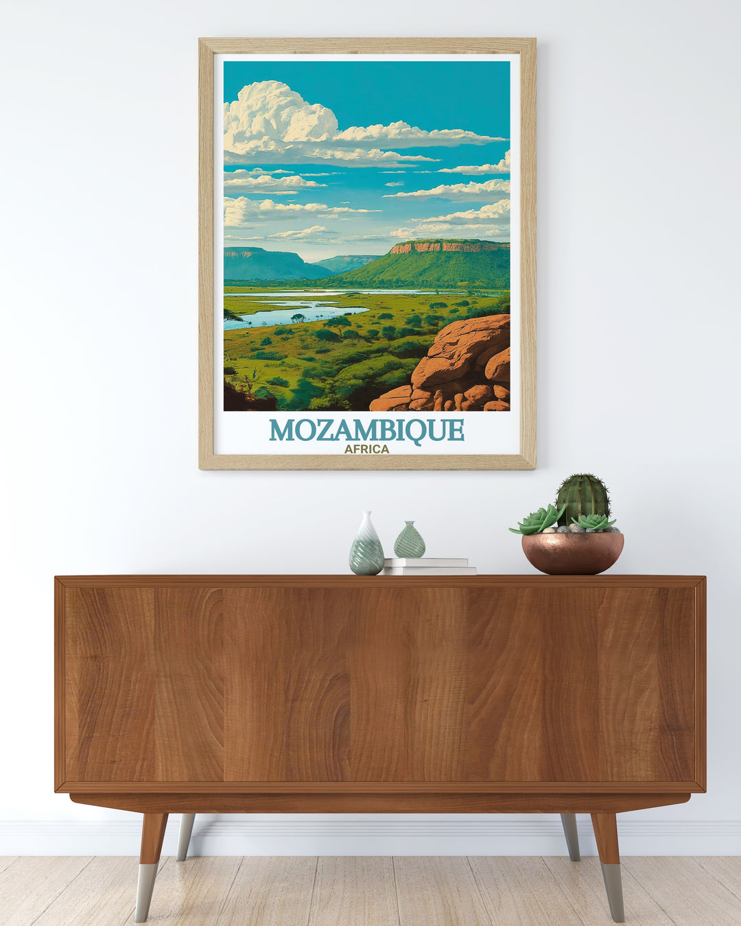 Gorongosa National Park Travel Print depicting the lush landscapes and stunning wildlife of Mozambiques most renowned park. This art print beautifully captures the essence of Africas wilderness, making it perfect for nature lovers and travelers alike.