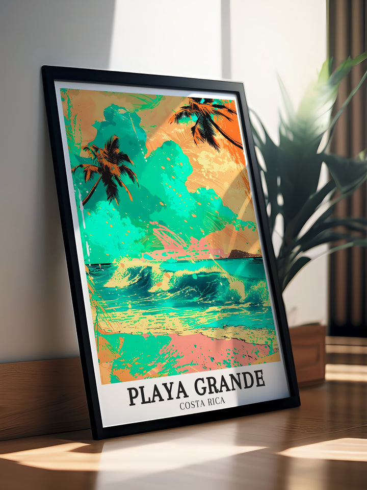 This Costa Rica wall art showcases Playa Grandes stunning beach and the calm waters of the Pacific Ocean. Ideal for anyone who loves coastal landscapes, this print makes for a thoughtful gift or vibrant home decor.