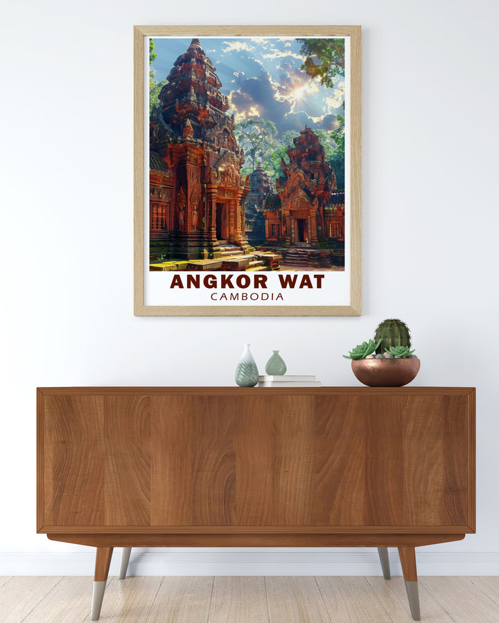 Our Angkor Wat and Banteay Srei canvas art showcases the beauty of Cambodias ancient temples with rich, vibrant colors that highlight the intricate stonework and craftsmanship. This travel poster brings history and culture into your home, ideal for fans of Southeast Asia and world heritage sites.