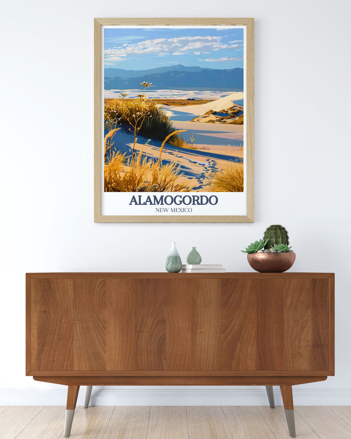 White Sands National Park and White Sands Missile Range art print perfect for home or office decor this Alamogordo travel poster adds the unique beauty of New Mexico to any room a great choice for gifts or for personal collections celebrating the Southwest.