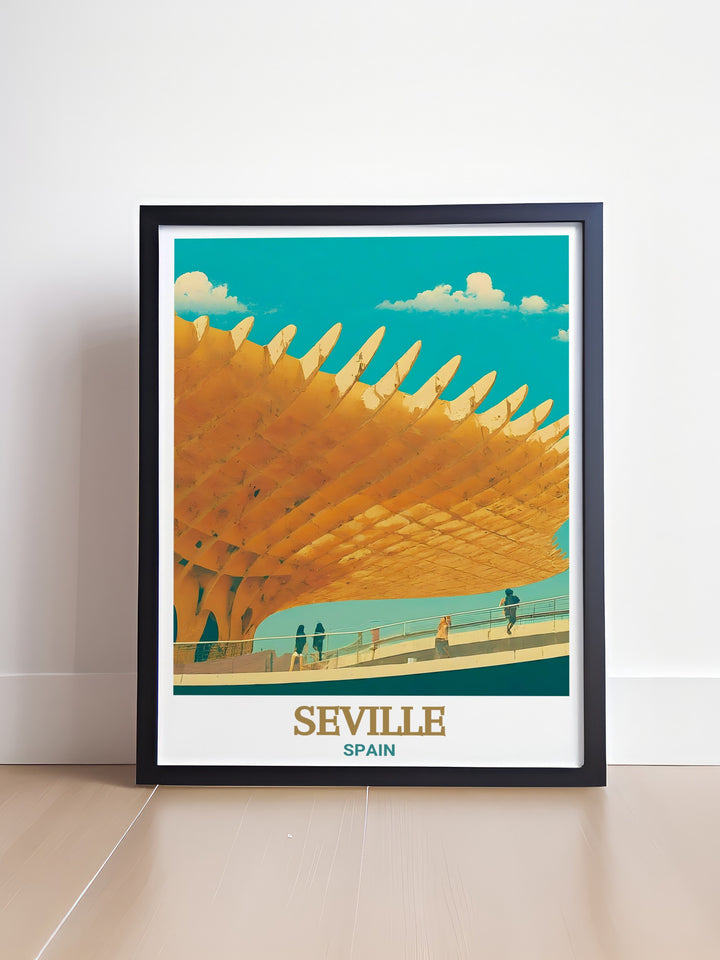 Featuring Sevilles famous Metropol Parasol, this vibrant travel poster captures the excitement of the Spanish city. The contrast between the modern architecture and the surrounding historic landmarks makes this artwork a must have for your travel art collection.