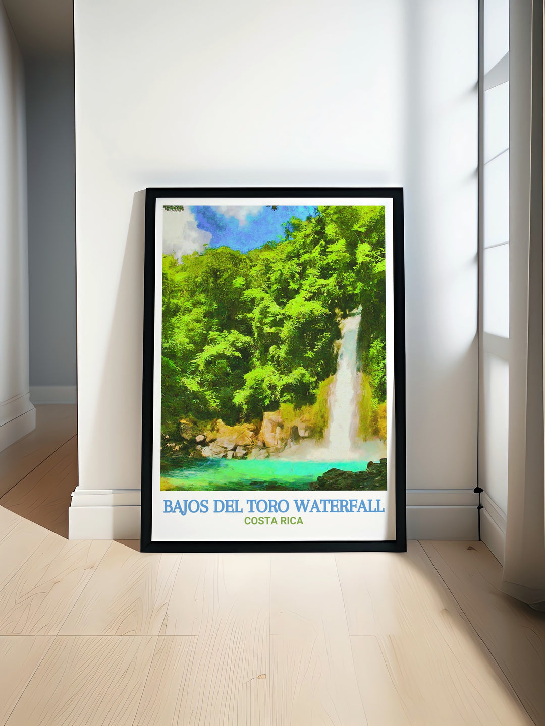 A richly detailed poster of Bajos del Toro Waterfall in Costa Rica. The artwork captures the dramatic landscape and serene atmosphere of the rainforest, making it an ideal addition to any nature lovers collection.