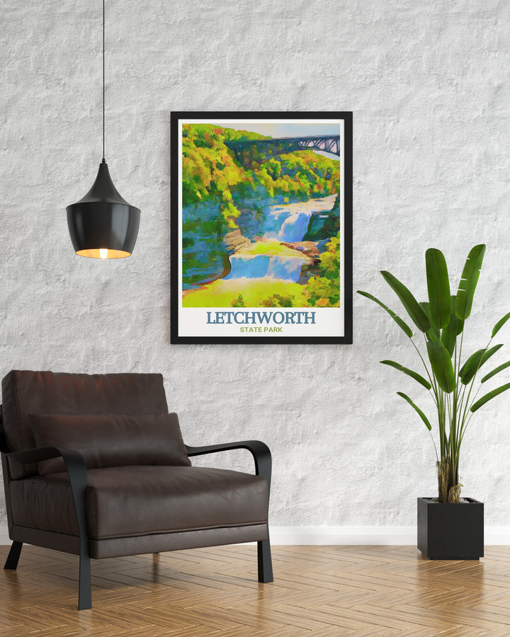 Captivating Upper Falls wall decor featuring the powerful cascade and vibrant greenery of Letchworth State Park. The vibrant colors and intricate details of this print celebrate the beauty and power of Upper Falls, making it a meaningful addition to any living space.