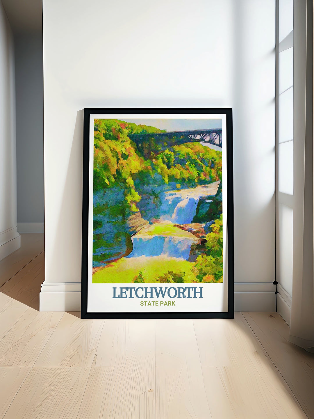 Upper Falls travel poster, showcasing the powerful landscapes and natural beauty of this unique landmark in Letchworth State Park. This print captures the essence of Upper Falls charm, perfect for enhancing your home decor with a touch of scenic splendor.