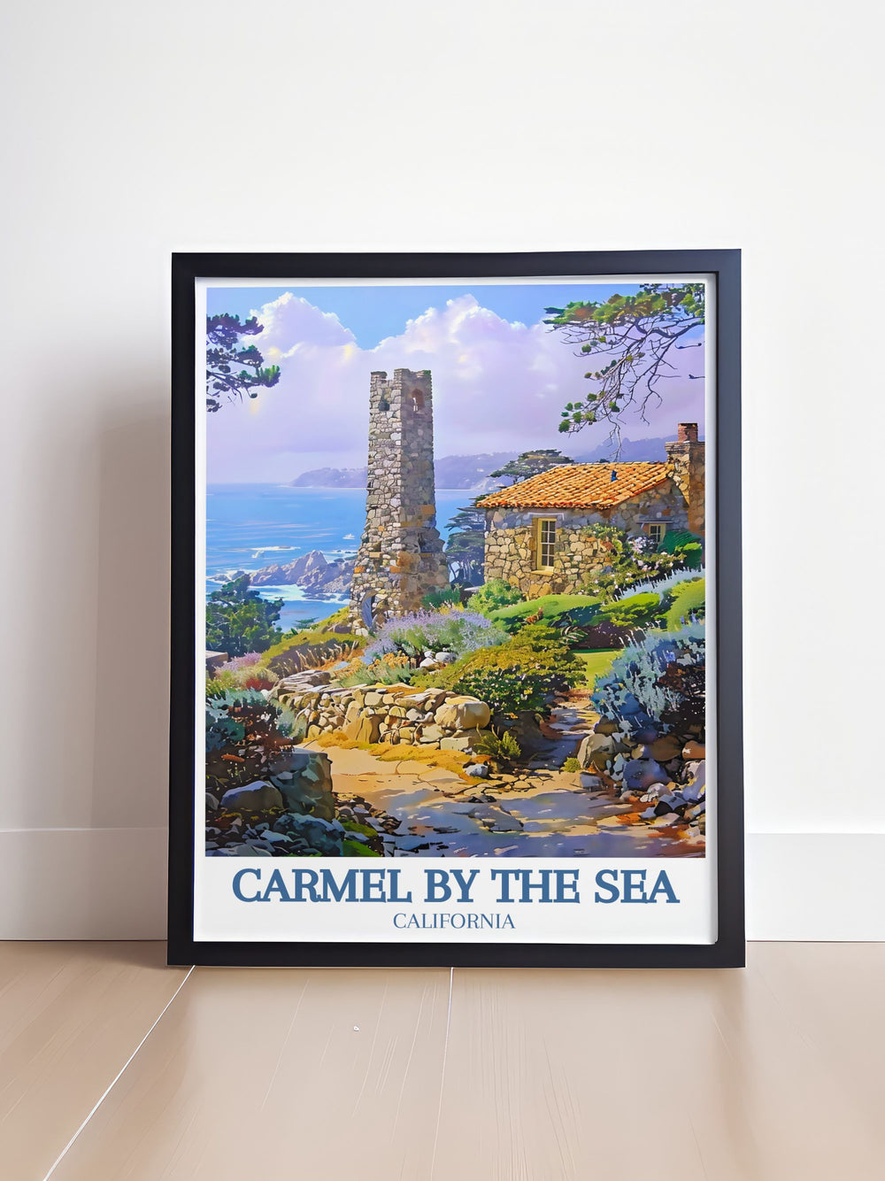 This travel poster beautifully depicts the charm of Carmel by the Sea, with its picturesque streets and vibrant art scene, making it an ideal piece for art lovers and collectors. Bring the storybook charm of Carmel into your home with this stunning print.
