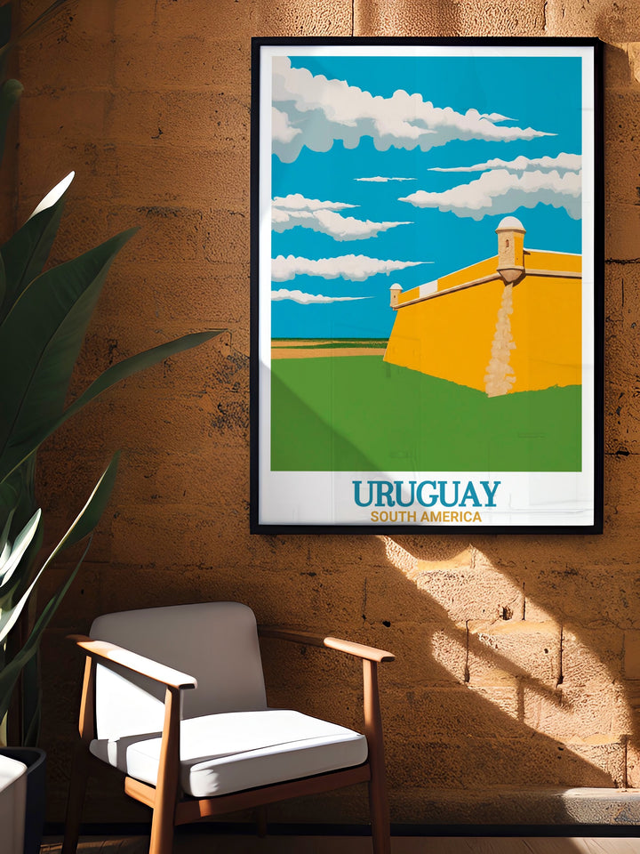 Uruguay art print showcasing Montevideos cultural vibrancy and the historic beauty of Fortress of Santa Teresa elegant home decor pieces designed to bring a touch of classic charm and sophistication to your home.