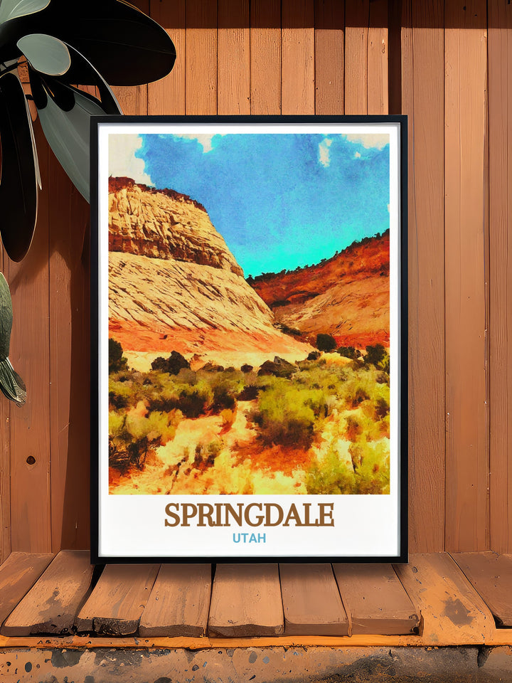 Experience the natural beauty of Utah with this print of Checkerboard Mesa and Springdale. The artwork captures the intricate patterns of Checkerboard Mesas rock formations and the vibrant charm of Springdale, making it an ideal addition to any room. Perfect for those who love the outdoors and the American Southwest.