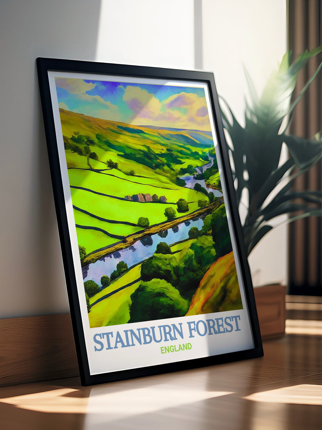 Washburn Valley modern prints highlight the elegance and beauty of Yorkshire MTB trails. Featuring Stainburn Forest and stunning cycling paths, this wall art is perfect for framing in living rooms or as decor for mountain biking enthusiasts.