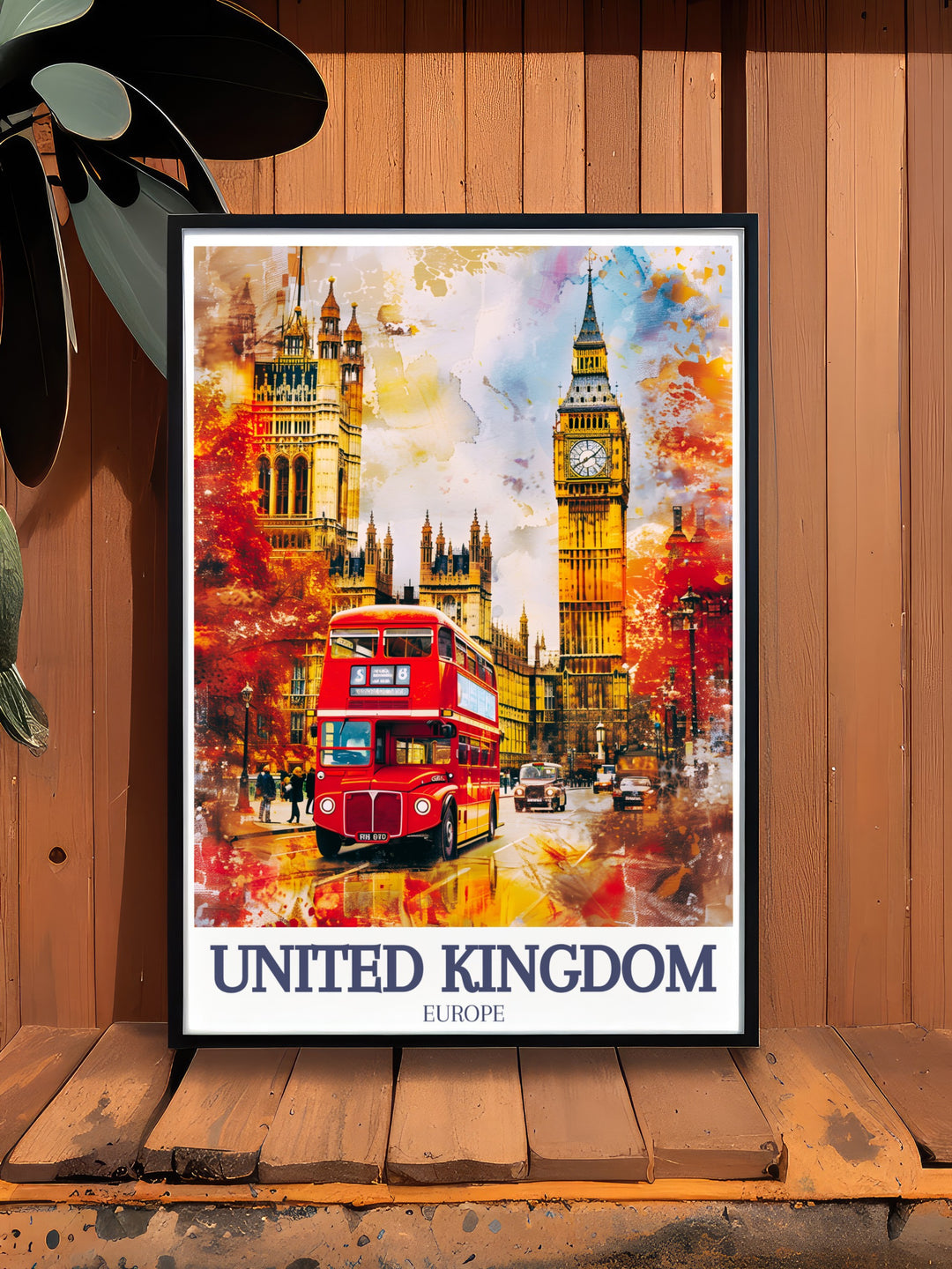 This United Kingdom poster print features the iconic Big Ben and the Houses of Parliament, two of Londons most recognizable landmarks. The detailed artwork captures the historic architecture, making it the perfect piece for any lover of British culture or travel.