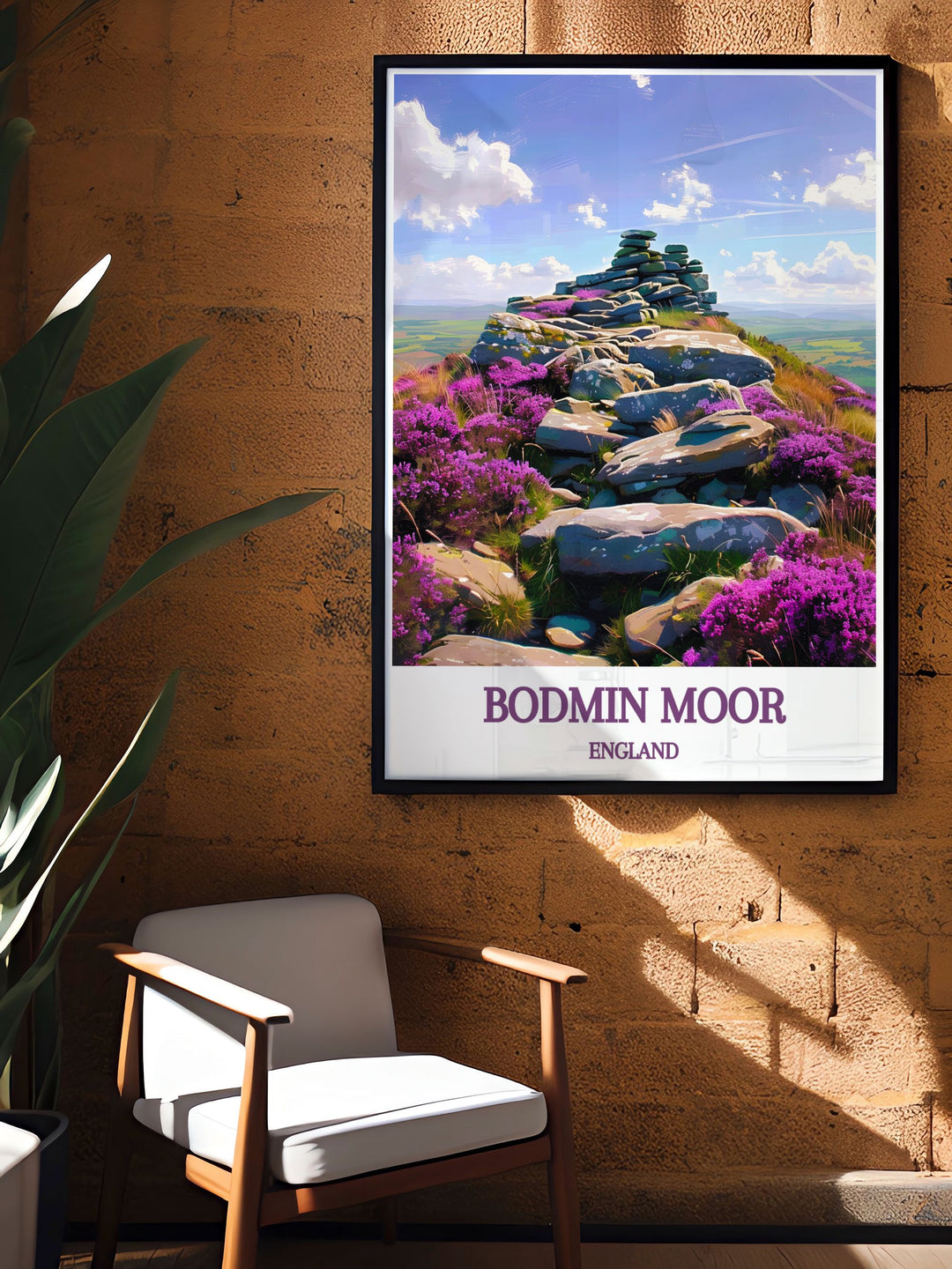 Gallery wall art depicting the panoramic views from Roughtor summit on Bodmin Moor, highlighting the rugged terrain and sweeping vistas of this beautiful Cornish region, perfect for adding a touch of the English countryside to your decor.