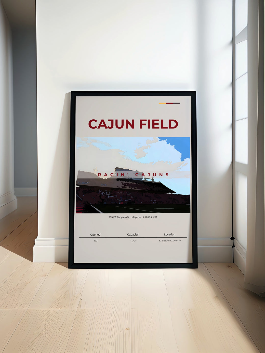 Cajun Field travel poster designed for Ragin Cajuns football fans features bold college football art perfect for dorm room decor or modern living spaces. This retro print celebrates Louisiana Ragin Cajuns team spirit and iconic Cajun Field stadium.