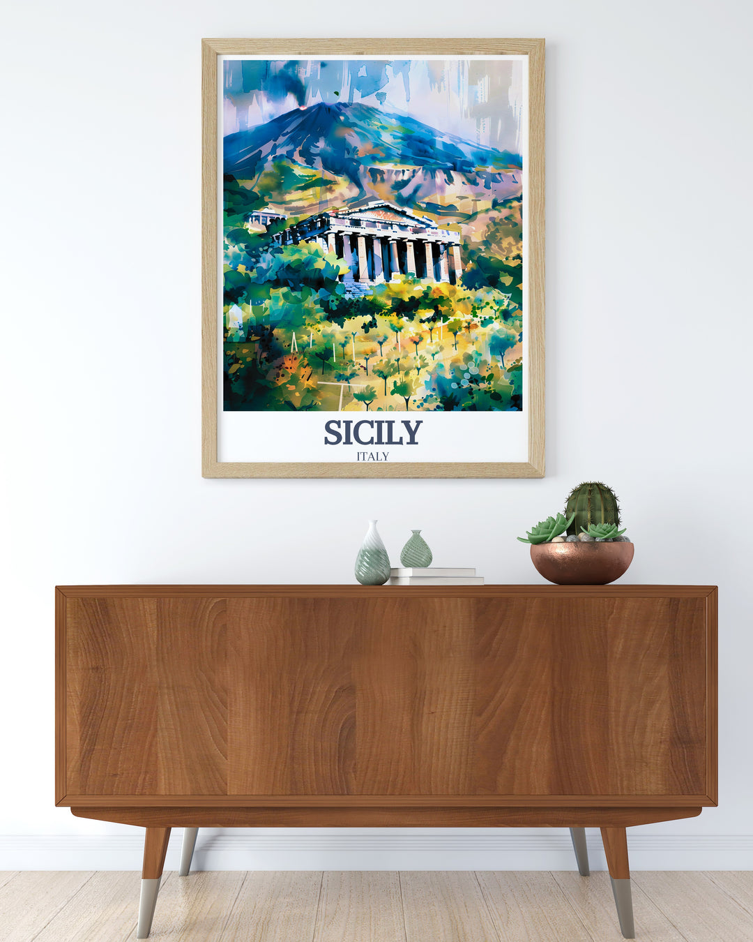 The Valley of the Temples and Mount Etna come alive in this Sicily art print. The artwork captures the historical significance and natural wonder of these iconic landmarks, making it an ideal piece for any home or as a gift for those who cherish Italian culture.