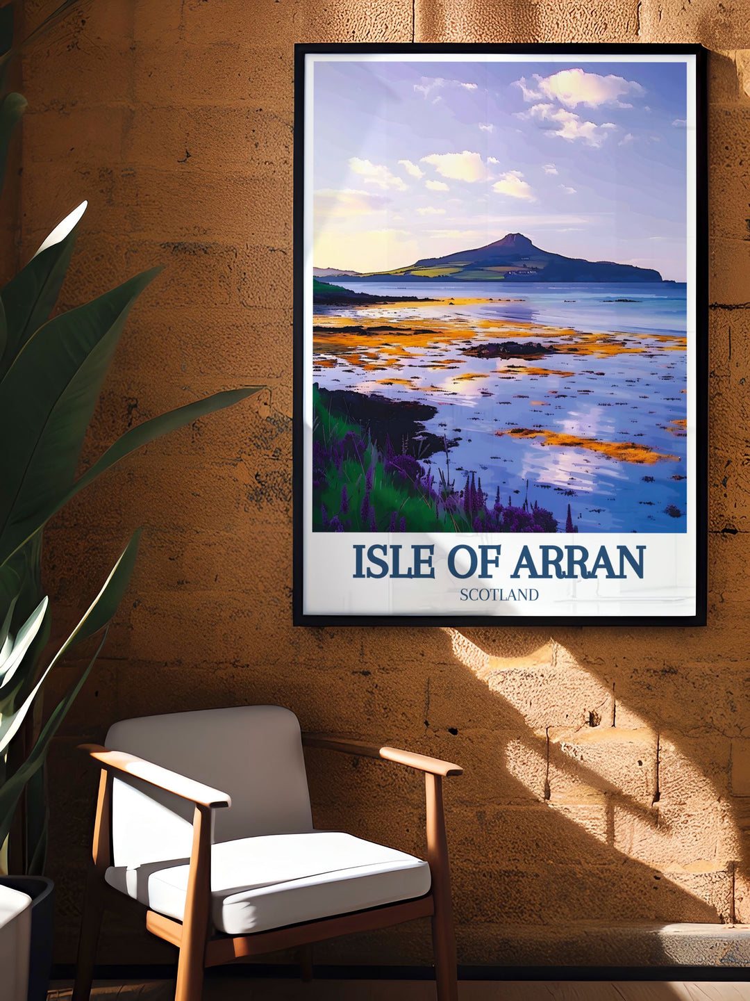 Vintage poster of the Isle of Arran, highlighting the serene landscapes of Holy Isle and the inviting shores of Blackwaterfoot Beach.