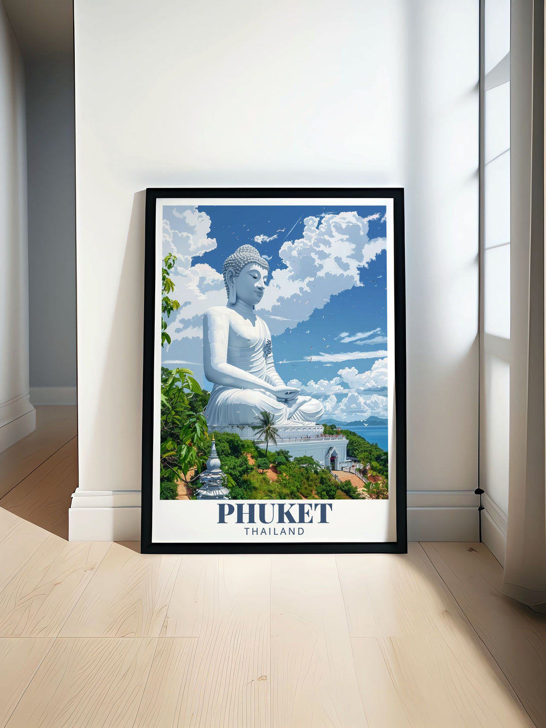 Thailand travel poster featuring the iconic Big Buddha with vibrant colors capturing the serene beauty of this majestic monument perfect for home decor and gift ideas showcasing the rich culture of Thailand