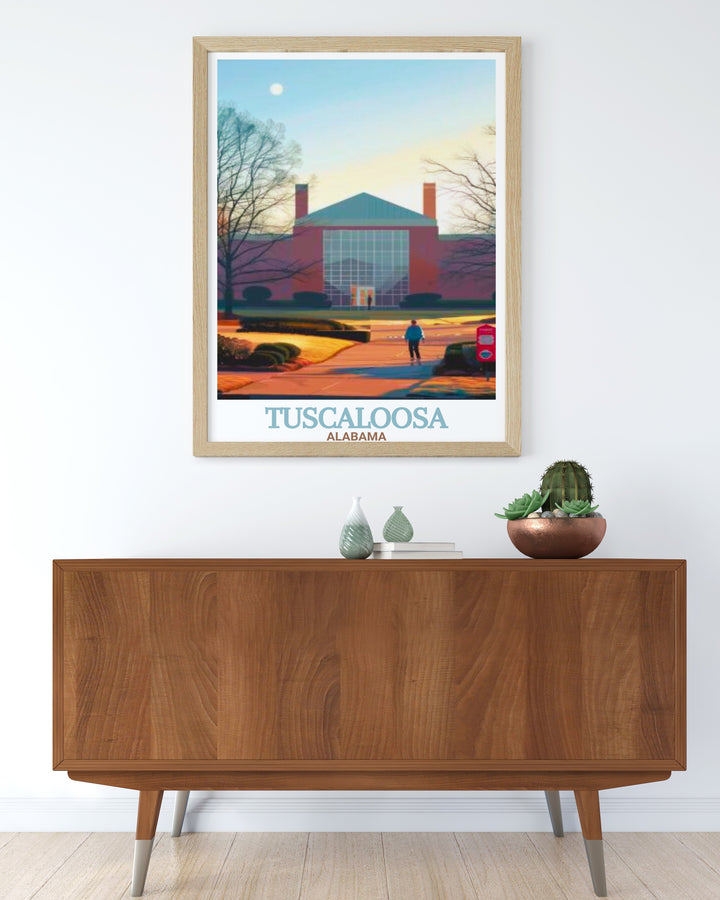 Beautiful Tuscaloosa wall art highlighting Paul W. Bryant Museum and the citys skyline an excellent Tuscaloosa gift and decor piece for any space capturing the unique charm and spirit of Tuscaloosa Alabama in a stunning modern print