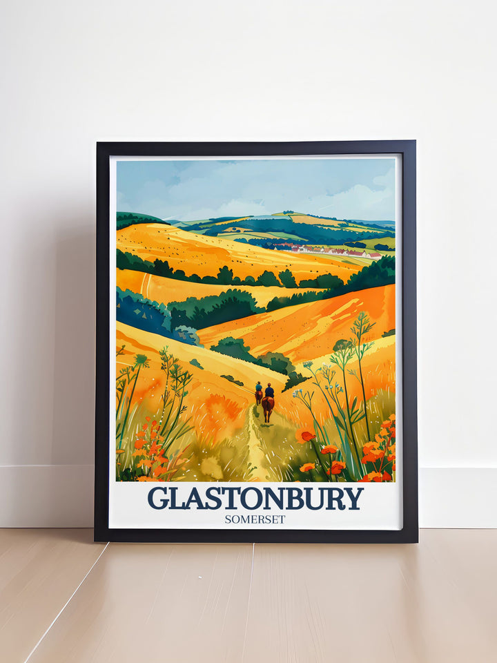 Captivating England wall art featuring the iconic Glastonbury Tor amidst the serene Somerset levels and Mendip hills perfect for those seeking UK art and Glastonbury decor a wonderful choice for England travel gifts and home decoration.