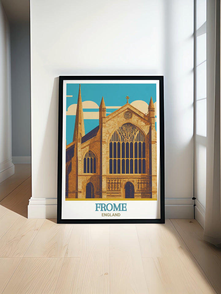 Frome wall art featuring the picturesque St. John the Baptist Church, offering a timeless look at one of Englands most charming towns. This artwork is an ideal gift for anyone who loves UK travel or is looking to enhance their home with a touch of English history.