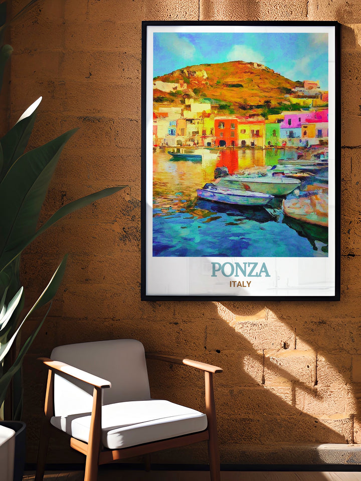 The historic Ponza Harbor in Italy is celebrated for its stunning views and rich culture. This artwork captures the harbors unique blend of old world charm and modern vibrancy, offering a beautiful addition to any room. Bring the timeless appeal of Ponza into your home with this captivating print.